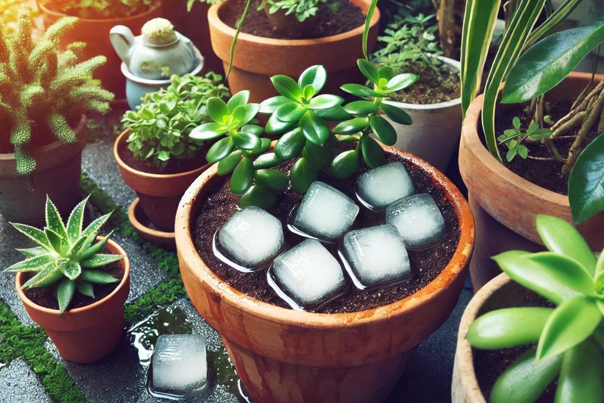 Una scena di giardino con più piante in vaso, con particolare attenzione a un vaso con cubetti di ghiaccio sulla superficie del terreno. Le piante sono in una zona ombreggiata, apparendo fresche e sane. I cubetti di ghiaccio sono visibili, sciogliendosi lentamente e rilasciando acqua nel terreno. La luce solare estiva filtra attraverso le foglie, creando un'atmosfera serena e fresca.